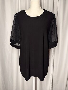 CeCe Black Dot-Detail Puff Sleeve Short Sleeve Top